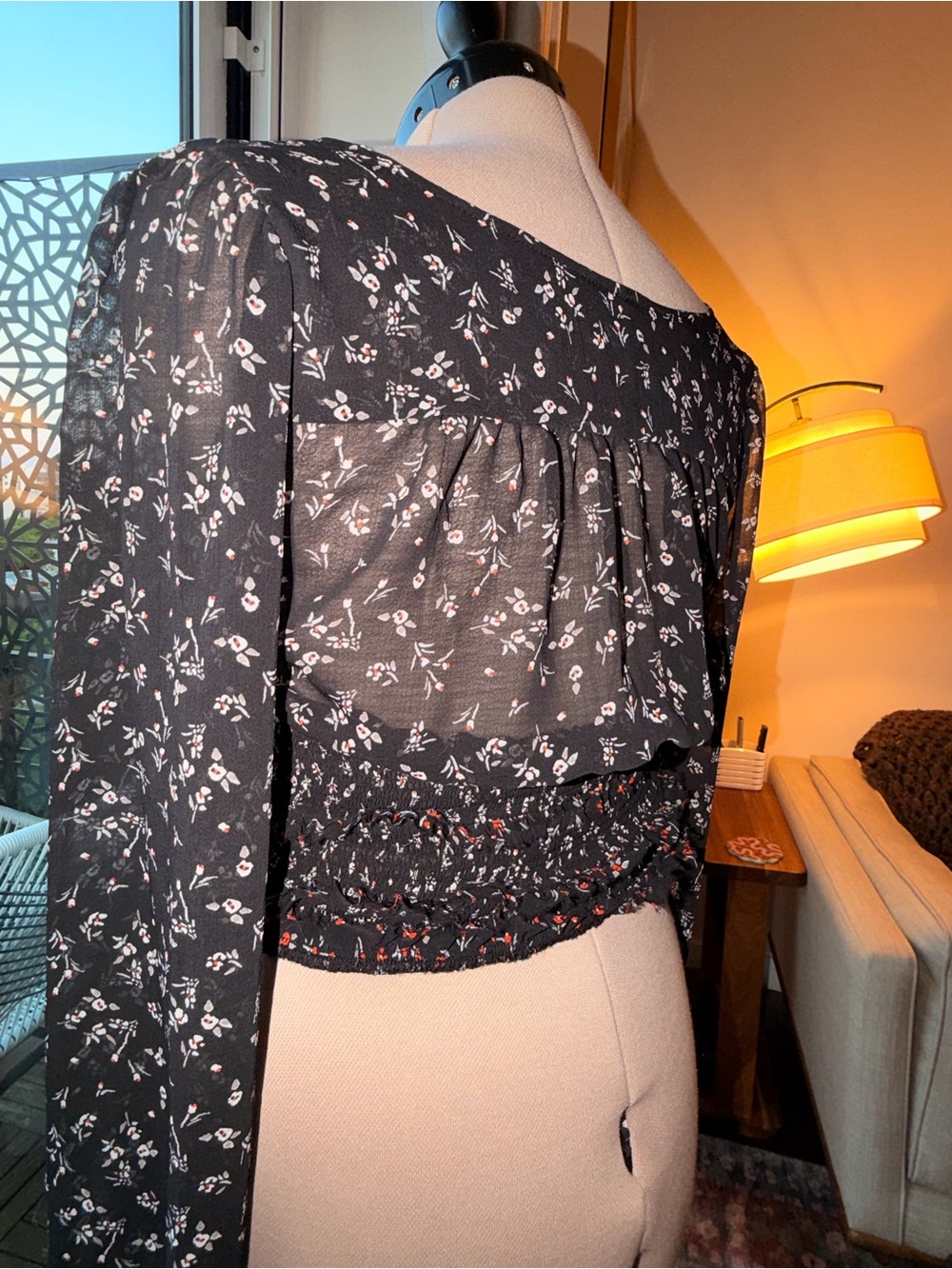FREE PEOPLE Black Floral Smocked Long-Sleeve Crop Top - Picture 5 of 8